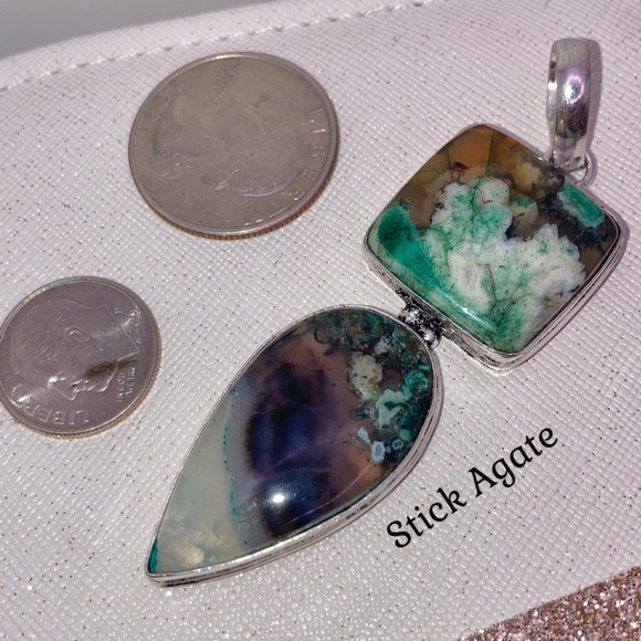 Handmade Natural Gemstone Pendant Set Blue Lace Stick Agate - Picture 2 of 6